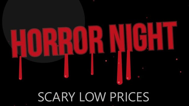 Horror night banner with dripping blood and scary low prices promotional text.
