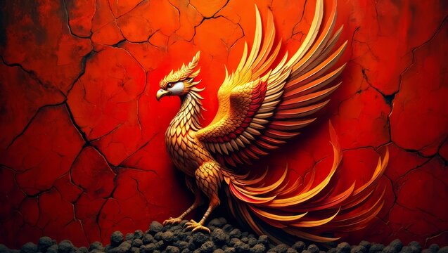 Golden Phoenix Rising from Fiery Depths