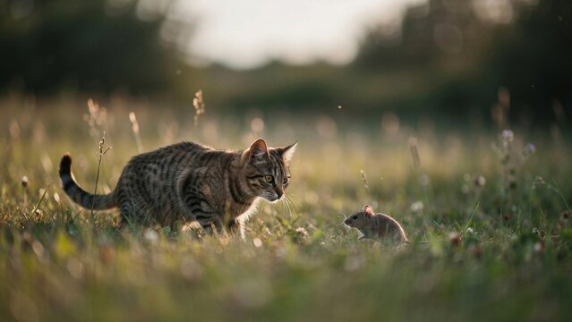 Eine getigerte Katze beobachtet eine Maus