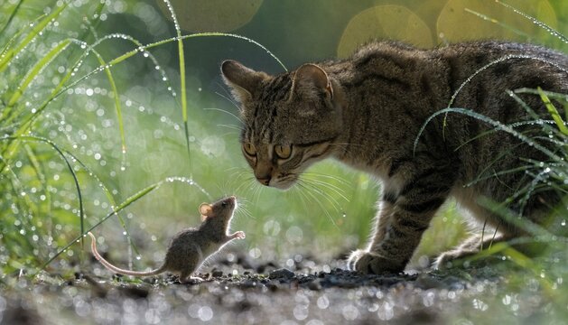 Eine getigerte Katze beobachtet eine Maus