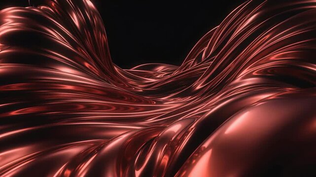 Glossy rose metallic waves form flowing abstract curves on a black background, suggesting luxury, motion, elegance, and futurism