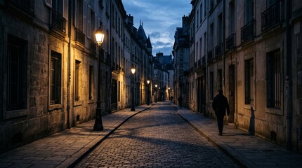 Fototapeta premium Man walking down a cobblestone street lined with old buildings and gas lamps at dusk
