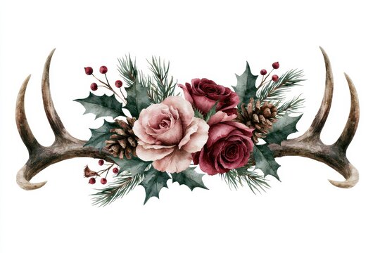 Watercolor winter arrangement with deer antlers, red roses, pine cones, holly and berries, isolated on white background