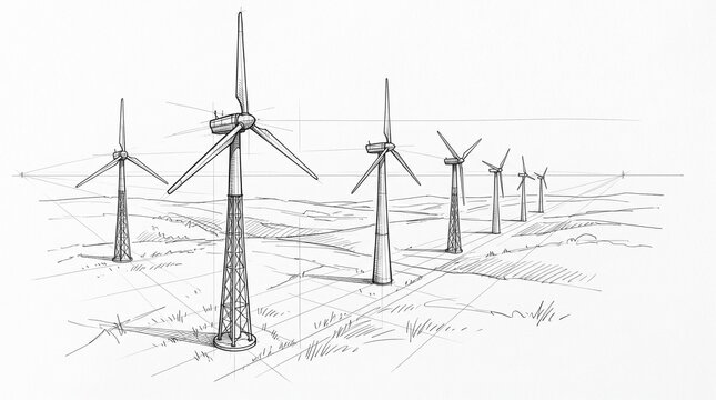 black and white sketch of multiple wind turbines generating renewable energy on open landscape