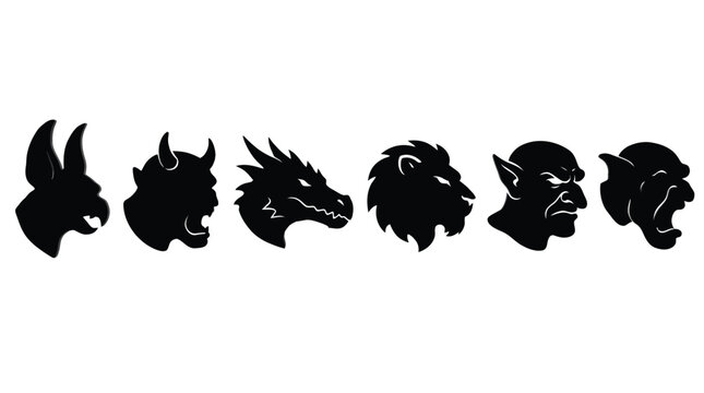 Black silhouette profile icons showing fantasy creatures like dragons and demons arranged in a horizontal row on white studio background