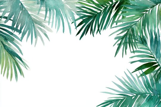 Watercolor palm leaves border isolated on white background