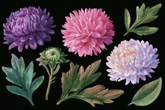 Watercolor illustration of colorful aster flowers and green leaves, handpainted floral set for greeting cards and invitations