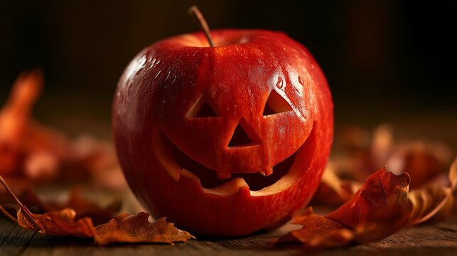 Bright red apple with a cute jack o' lantern face display
