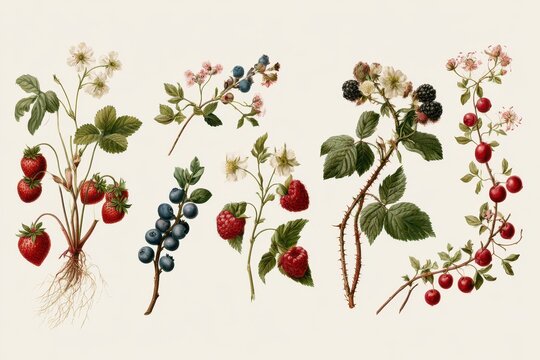 Botanical illustration of various berries including strawberries, blueberries, raspberries, and blackberries with leaves and flowers isolated on white background