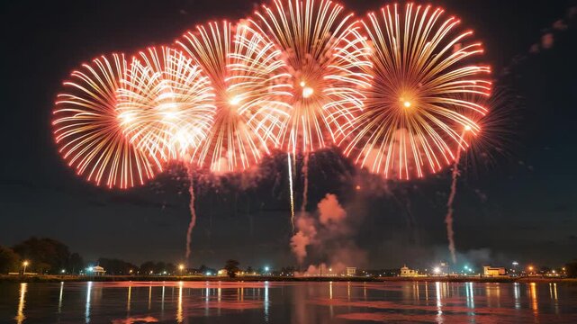 Spectacular fireworks burst in vibrant colors, illuminating the night sky above a calm river and city skyline, reflecting festive celebration and joyful atmosphere on a summer evening.