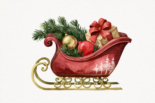 Watercolor illustration of a red christmas sleigh filled with pine branches, golden and red baubles, and a wrapped gift isolated on white background