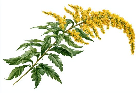 Botanical illustration of a goldenrod plant with yellow flowers and green leaves isolated on white background