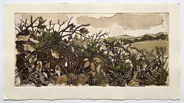 Textured paper artwork depicting wild forest foliage and landscape scene in muted earth tones.