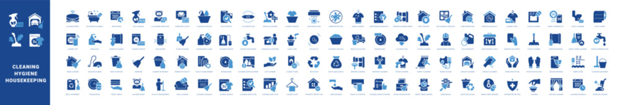 Colored filled vector icon set for cleaning service, hygiene and housekeeping for mobile apps and web interfaces.