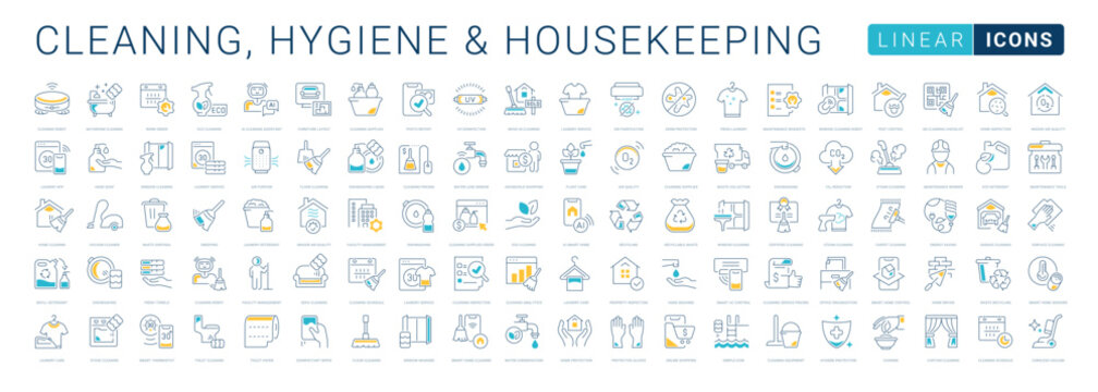 Flat line vector icon set for cleaning, hygiene and housekeeping for mobile apps and web interfaces. Editable strokes.