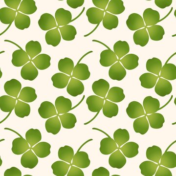Four Leaf Clover Seamless Pattern, Lucky Green Shamrock Leaves on Light Background for St Patricks Day