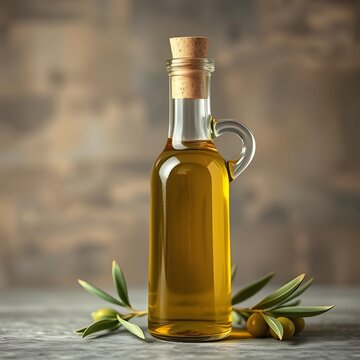 Golden extra virgin olive oil in glass decanter bottle with cork stopper and olive branches on wooden table