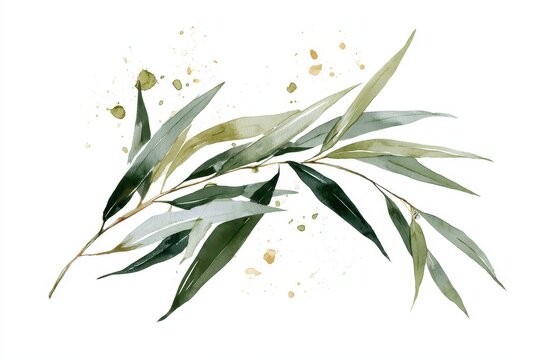 Watercolor painting of a delicate willow branch with green leaves and artistic golden paint splatters isolated on white background
