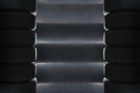 Tire at repairing service garage background. Winter and summer tyre in the warehouse. Transportation and automotive maintenance concept