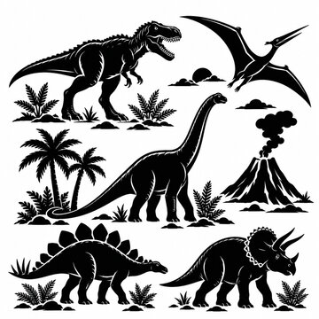 Prehistoric Dinosaur Silhouette Collection with T Rex, Triceratops and Stegosaurus