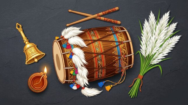 Festive drum and kash flowers for traditional celebration with diya lamp