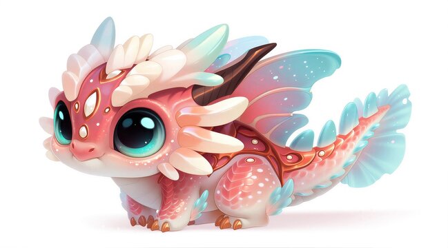 Cute baby dragon illustration with pink scales and blue wings. Mythical fantasy creature character design on white background. Whimsical animal art