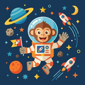 A cute cartoon monkey astronaut wearing a space suit and helmet waving while floating in deep space
