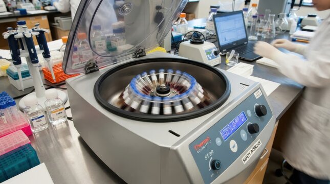 A laboratory technician working with a benchtop centrifuge machine containing small test tube sample
