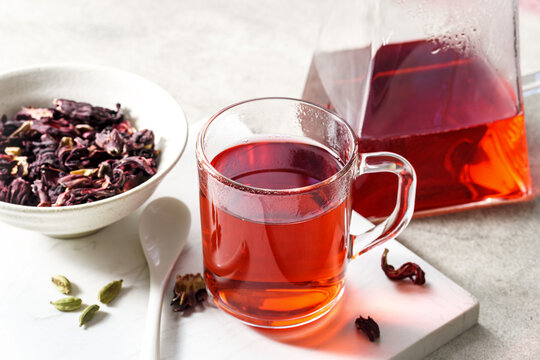Hibiscus tea also known as karkade with dried flowers