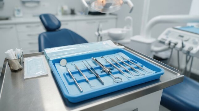 dental surgery instruments laid out on a blue tray in a modern clean medical clinic dental practice