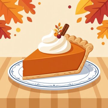 Slice of pumpkin pie with whipped cream and cinnamon stick on a plate with autumn leaves pumpkin pie