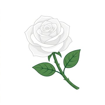 White rose with green leaves and stem on a clean white background, elegant floral vector design whit