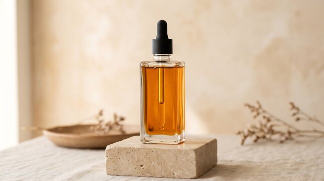 Tall Clear Glass Skincare Serum Bottle with Pipette on Stone Pedestal