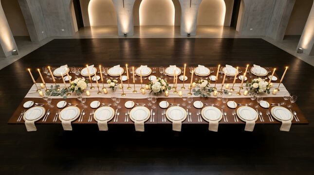 Elegant formal banquet table arrangement set for celebration in grand hall
