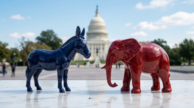 Blue donkey and red elephant mascots face off in front of the US Capitol Building.