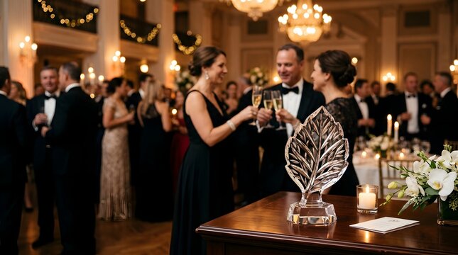 Elegant glass award on wooden table at formal gala reception event