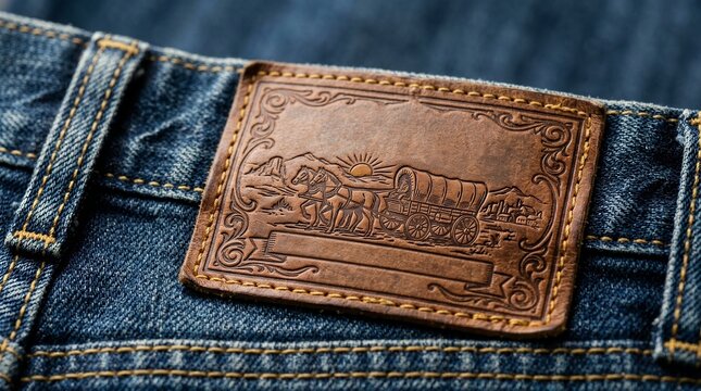 Closeup of a classic leather brand tag on blue denim jeans.