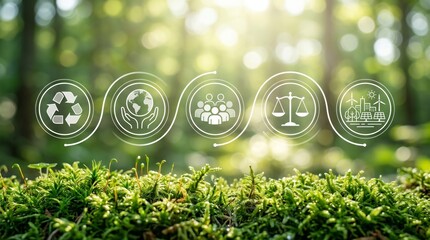 Obraz premium Corporate sustainability and CSR icons connected by a line over green moss.
