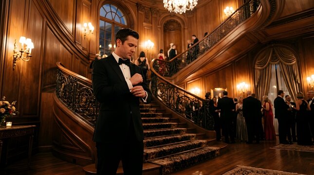 Elegant man in tuxedo adjusting cufflinks at formal evening event