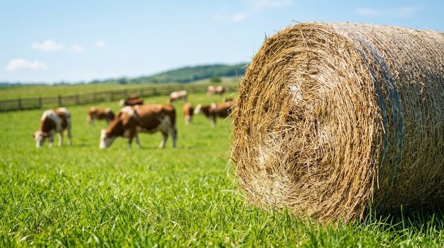 A round hay bale sits on a lush green pasture with cows grazing in the background.