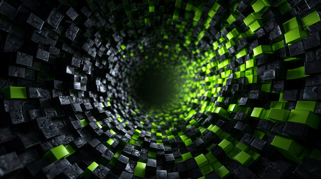 Abstract Digital Tunnel Composed of Black and Green Cubes