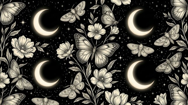 Seamless gothic garden pattern with butterflies, moths, and flowers under a crescent moon.