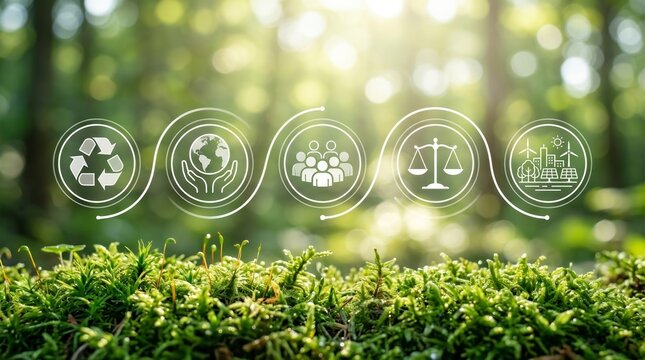 Corporate sustainability and CSR icons connected by a line over green moss.