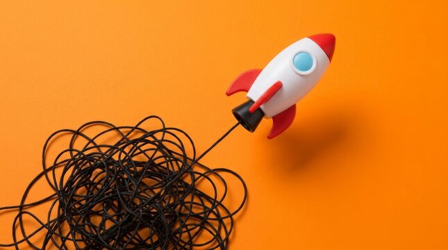 A toy rocket launching out of a tangled black knot to represent business solving a complex problem with technology.