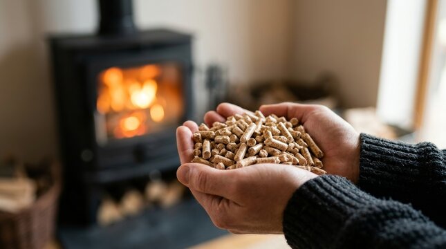 A handful of wood pellets held in cupped hands with a warm wood burning stove in a cozy home.