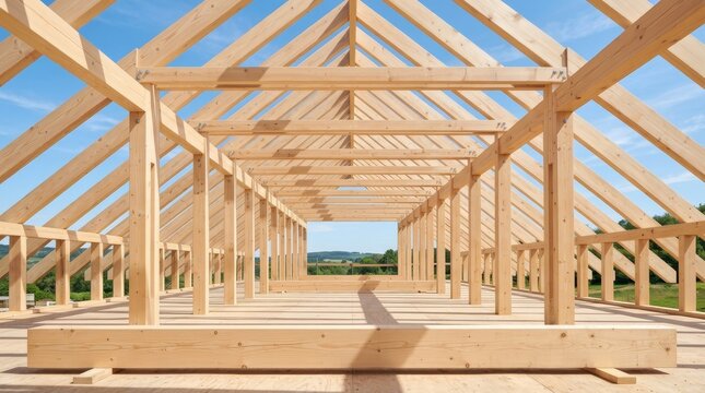 Wooden house under construction showing the timber building frame and roof structure.