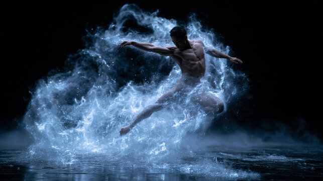 Male Dancer Leaping Midair Surrounded by Glowing Water Splash