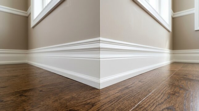 White baseboard molding running along a dark wood floor in a modern room.