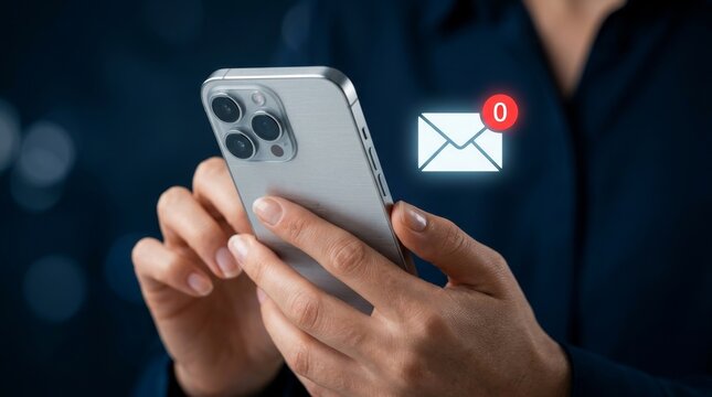 Person holding a smartphone with an empty email inbox and zero messages for digital productivity.