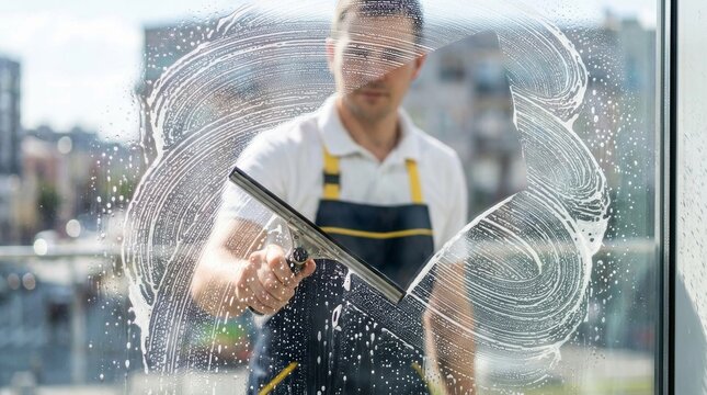 Professional window cleaner using a squeegee to apply soapy suds to glass.